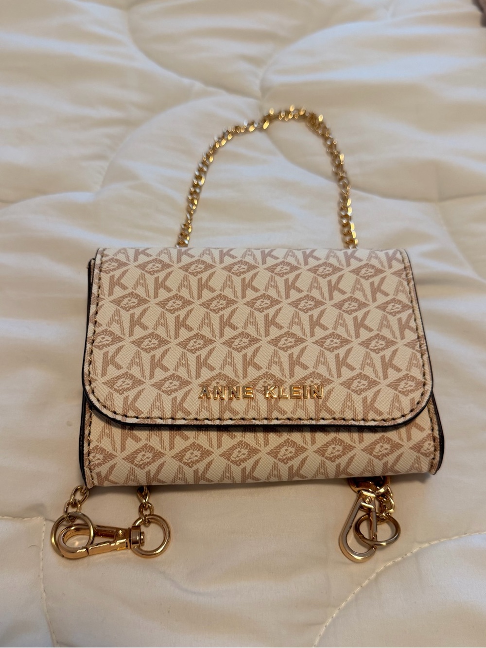 Anne Klein Cream Monogram Mini Bag with Gold Chain